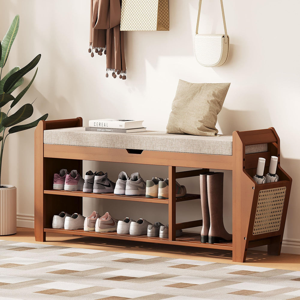 Bamboo Shoe Rack Bench with Cushion & Flip-Top Storage