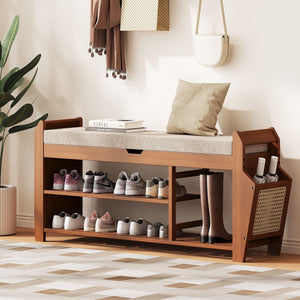Bamboo Shoe Rack Bench with Cushion & Flip-Top Storage