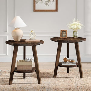 Round Wood End Table with Storage Shelf