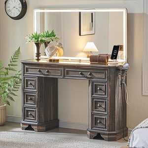 48-Inch Farmhouse Vanity Desk with Lighted Mirror and 8 Drawers
