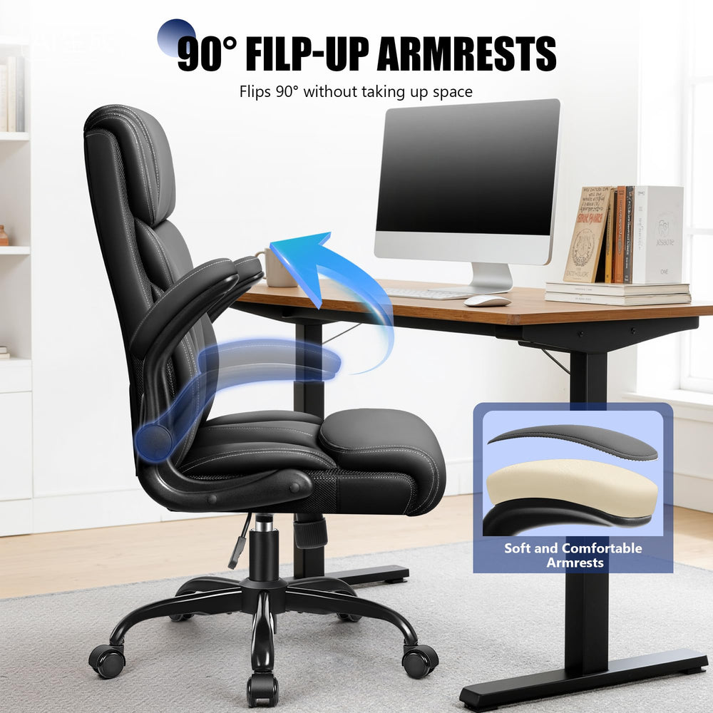 Ergonomic High-Back PU Leather Office Chair with Flip-Up Armrests