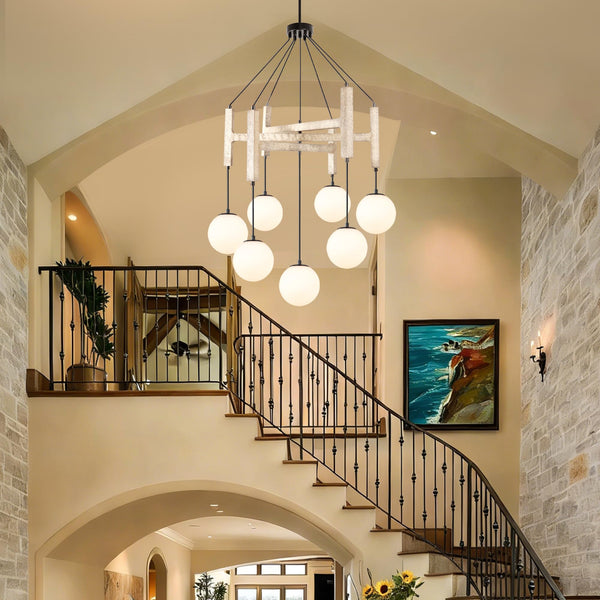 Wood & Glass Farmhouse Chandelier – 7-Light Dining Room Pendant