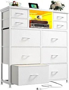 10-Drawer Dresser with LED Lights & Power Outlets – Fabric Chest of Drawers