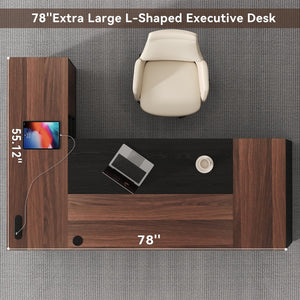 L-Shaped Executive Desk 78-Inch with Power Outlet & File Cabinet