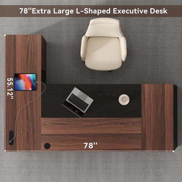 L-Shaped Executive Desk 78-Inch with Power Outlet & File Cabinet
