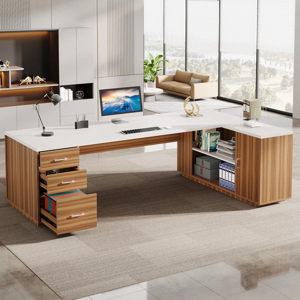 L-Shaped Executive Desk with File Drawers & Cabinet