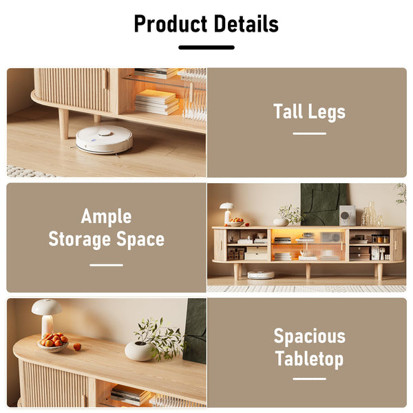 70-Inch Fluted TV Stand with LED Lights & Sliding Doors
