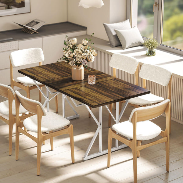 Expandable Dining Table for 4-6 – Farmhouse Rectangle Kitchen Table with Metal Trestle Base