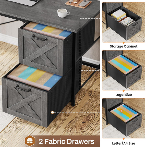 L-Shaped Gaming & Office Desk with LED Lights, Power Outlet, Hutch & Fabric Drawers