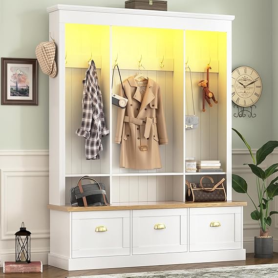 Hall Tree with Bench, LED Lights, 9 Hooks & 3 Cabinets