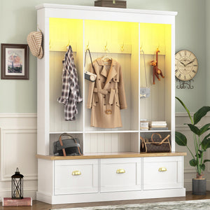 LED Hall Tree with Storage Bench, Shoe Cabinets & Coat Rack