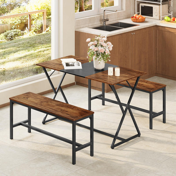 Industrial Dining Bench Set of 2 — Rustic Brown & Black