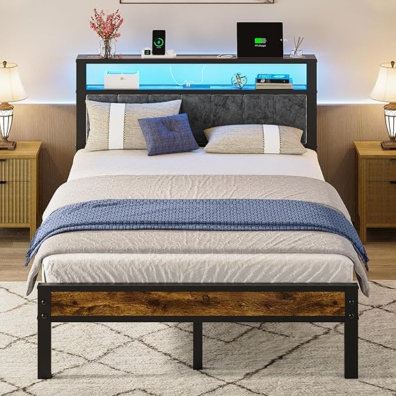 LED Bed Frame with Storage Headboard & Charging Station