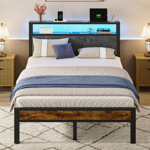 Platform Bed Frame with LED Lights & Charging Station – Storage Headboard, Metal Slats