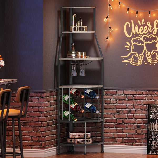 5-Tier Corner Wine Rack with Glass Holder – Floor Standing Wine Storage Shelf