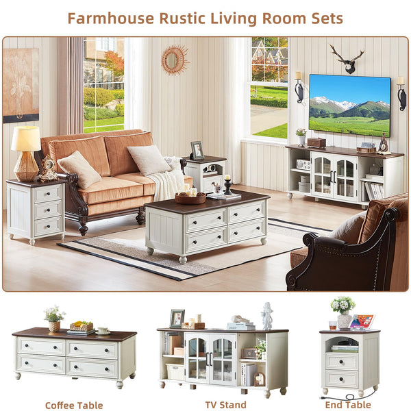 Farmhouse TV Stand with Glass Doors & Storage