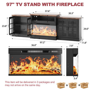 97" Farmhouse Fireplace TV Stand with 3-Sided Electric Fireplace & Storage Cabinets