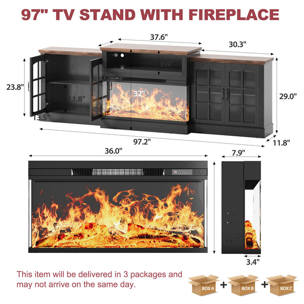 97" Farmhouse Fireplace TV Stand with 3-Sided Electric Fireplace & Storage Cabinets