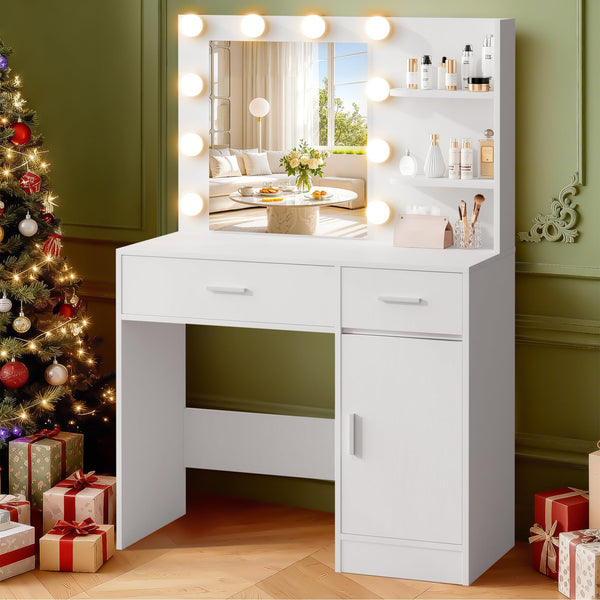 Lighted Makeup Vanity Desk with Mirror, Drawers & Storage Cabinet – White
