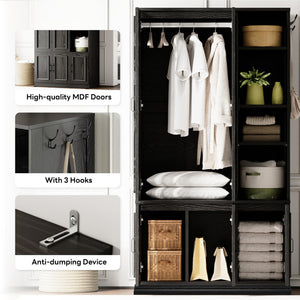 70" 5-Door Wooden Wardrobe with Shelves & Hanging Rod