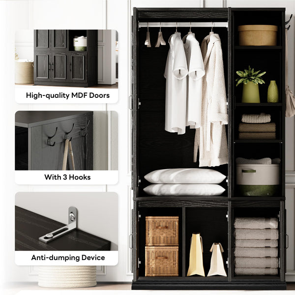 70" 5-Door Wooden Wardrobe with Shelves & Hanging Rod