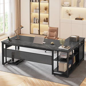 L-Shaped Executive Desk with Power Outlets, File Drawers & Storage