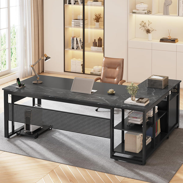L-Shaped Executive Desk with Power Outlets, File Drawers & Storage