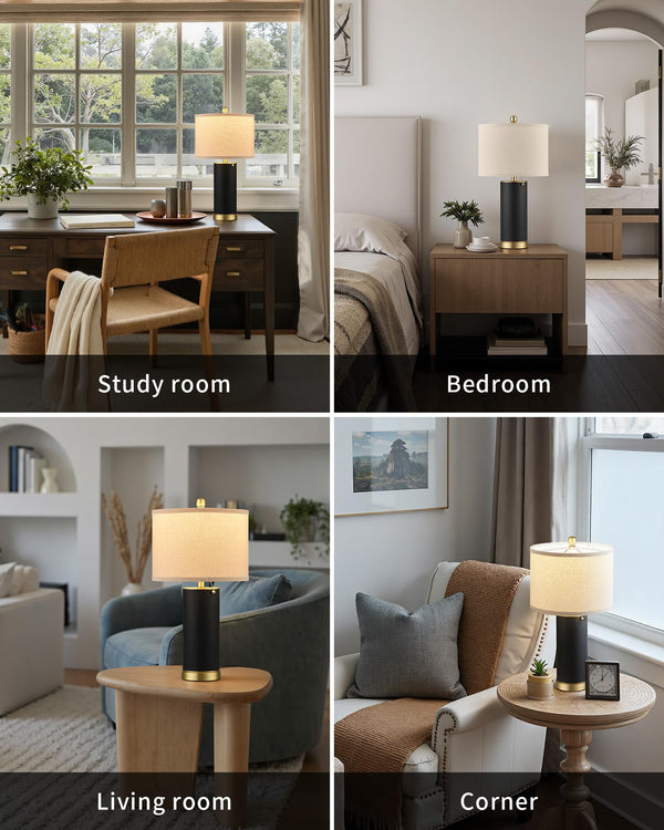 PU Leather Table Lamp Set of 2 with Beige Fabric Shade
