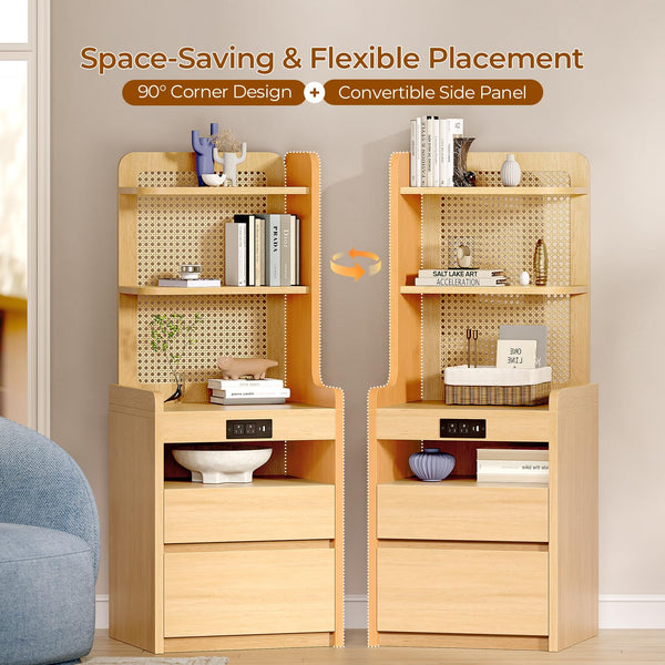 Sikaic 2PCS Tall Rattan Nightstand with Charging Station, Adjustable 90° Corner Bedside Table with 2 Drawers and Open Bookshelf, High Capacity End Side Table for Bedroom, Small Spaces, Natural Wood