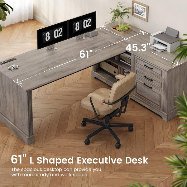 L-Shaped Executive Desk with File Drawers & Power Outlets