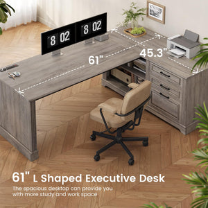 L-Shaped Farmhouse Desk with Drawers & Power Outlets