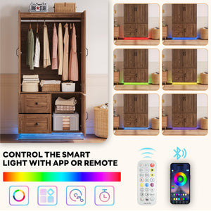 Farmhouse Wardrobe Closet with LED Lights & Hanging Rod