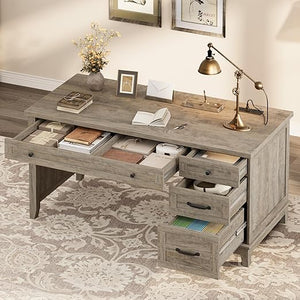 Farmhouse Executive Desk with Drawers & Charging Station