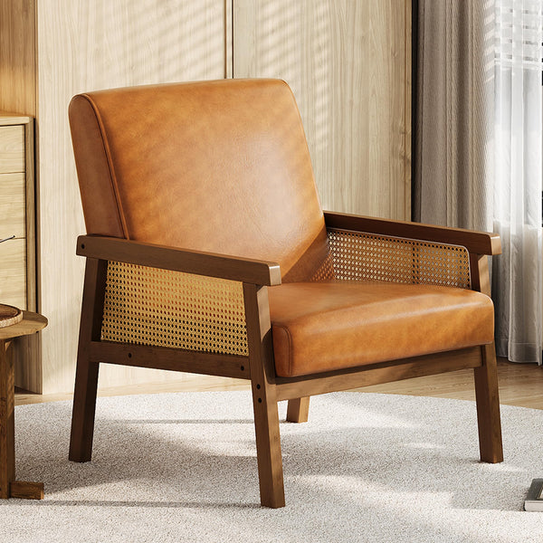 Rattan Arm Accent Chair, High Back PU Leather, Wooden Frame