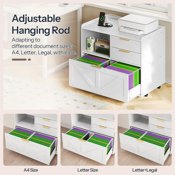 Lateral File Cabinet with Charging Station and Printer Stand