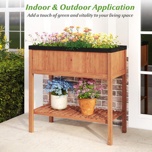 2-Tier Wooden Raised Garden Bed with Storage Shelf