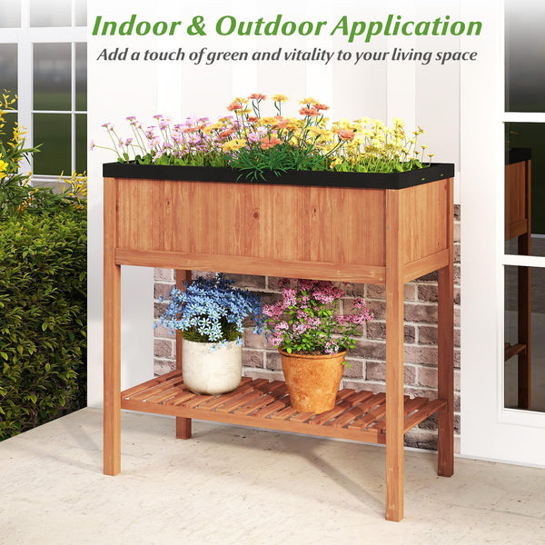 2-Tier Wooden Raised Garden Bed with Storage Shelf
