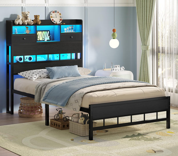 Twin Bed Frame with Headboard, LED Lights & Charging Station