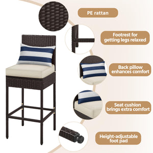 Outdoor PE Rattan Bar Stools with Cushions & Footrests – Brown/Beige