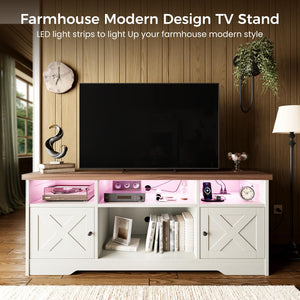 65-Inch Farmhouse TV Stand with LED Lights, Power Outlet & Storage Cabinets