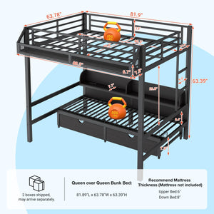 Queen Over Queen Bunk Bed with Storage Drawers, LED Lights & Charging Station