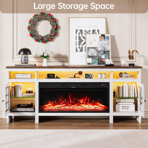 Fireplace TV Stand with LED Lights, Power Outlets & Storage Cabinet