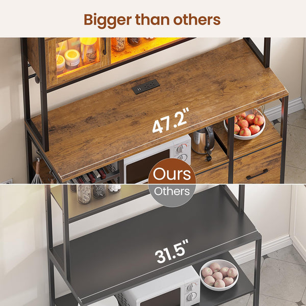 Baker's Rack with Power Outlets, LED Light & Storage Cabinet