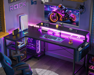 L-Shaped Gaming Desk with LED Lights, USB Charging Ports & Power Outlets