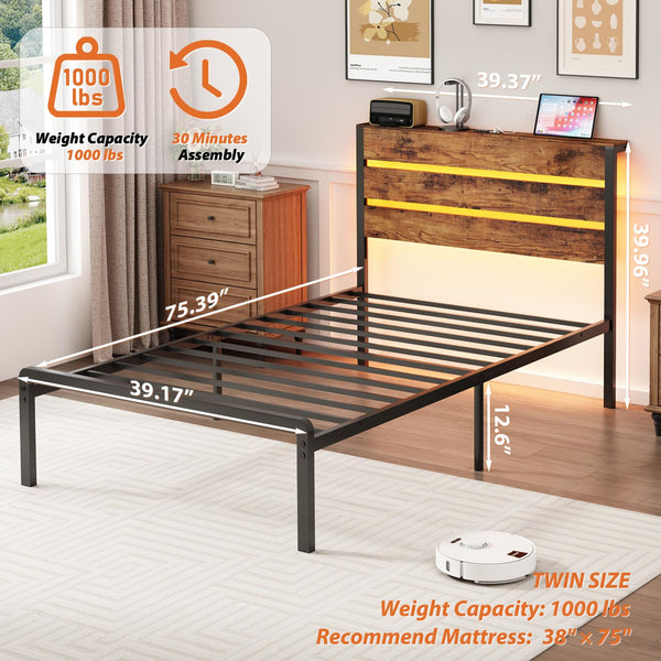 Twin Bed Frame with LED Lights & Charging Station