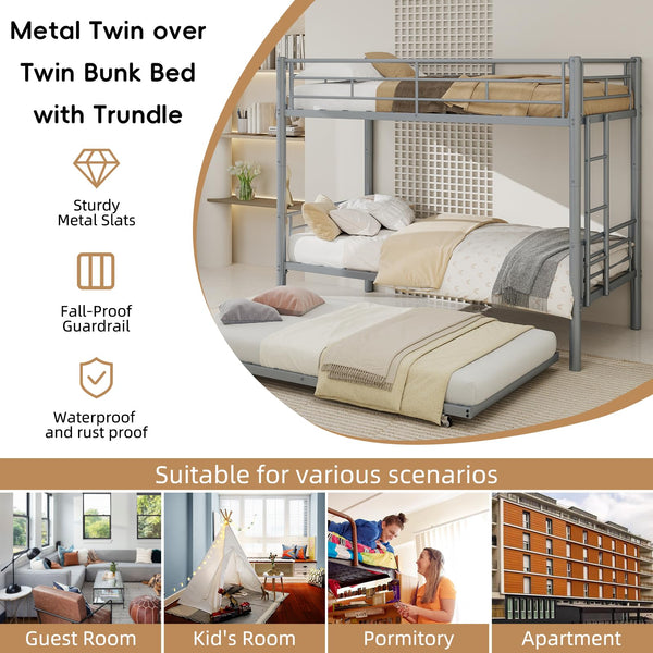 Metal Bunk Bed Twin Over Twin with Safety Guardrail