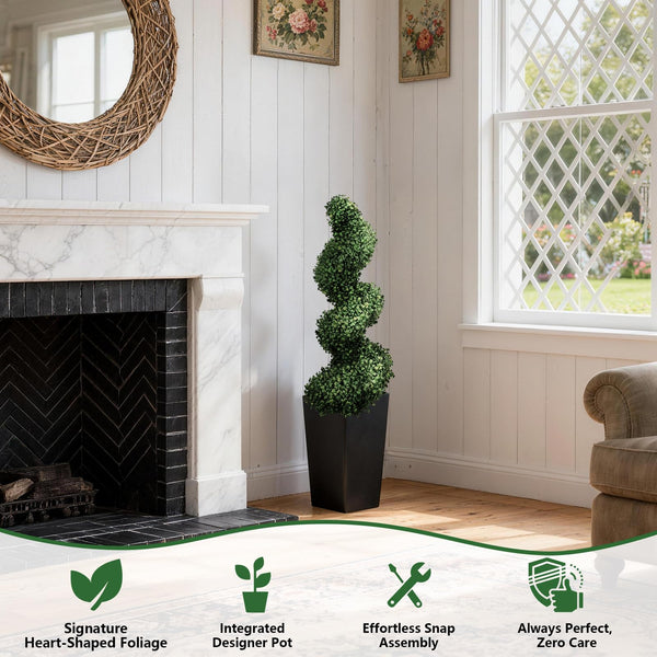 Artificial Spiral Topiary Trees, Set of 2 – UV Resistant Faux Boxwood with Square Planter