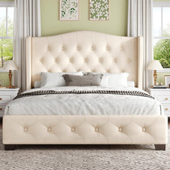 Queen Velvet Wingback Bed Frame with Tufted Headboard
