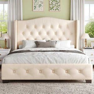 Queen Velvet Wingback Bed Frame with Tufted Headboard