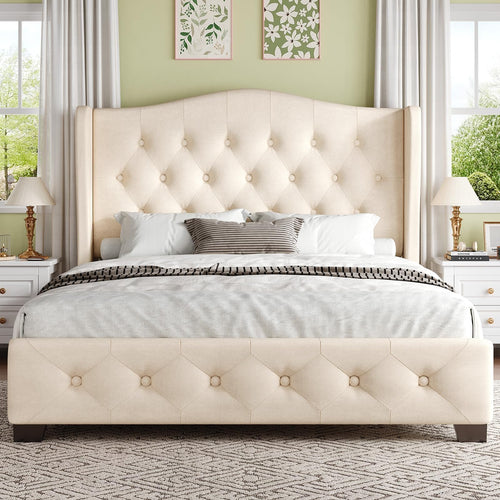 Queen Velvet Wingback Bed Frame with Tufted Headboard
